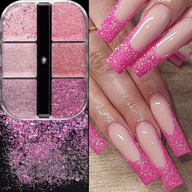 6 grid pink nail glitter, reflective powder dip, sequin, sugar sand coating  effect, DIY nail pigment - AliExpress